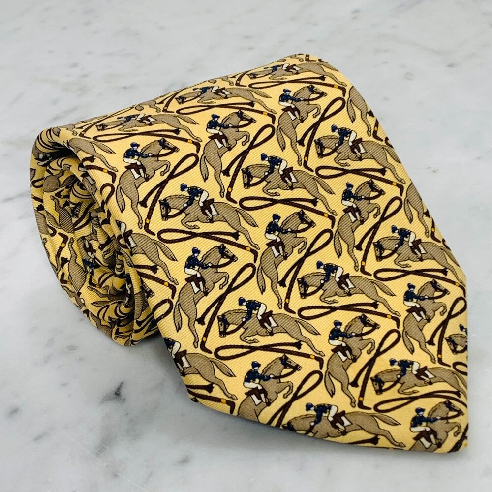 BROOKS BROTHERS MAKERS Tie Silk 59"x3-5/8" Yellow Horse Rider Jumping Whip EUC